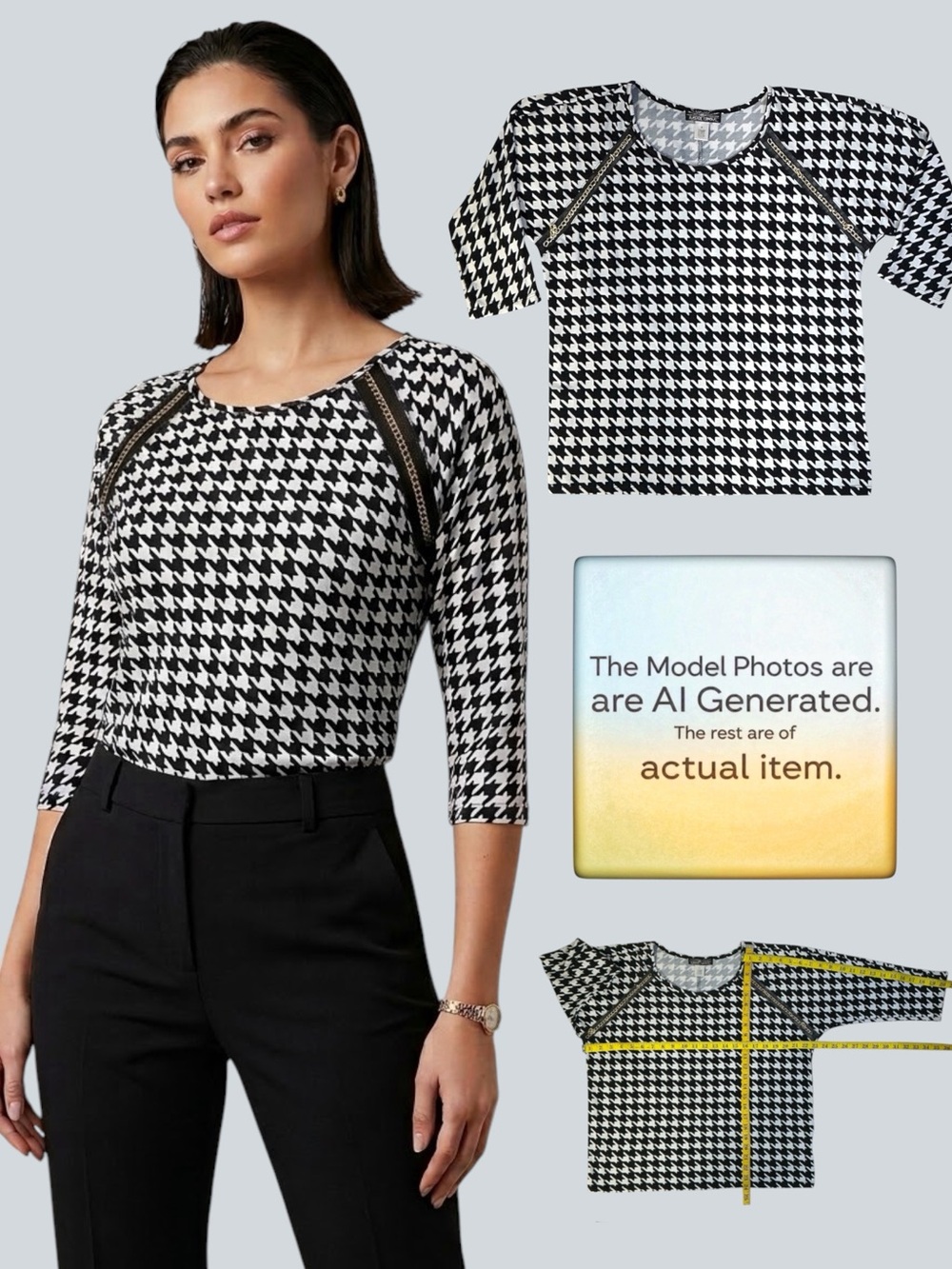 Almost Famous Bold Houndstooth Top 3/4 Sleeve Gold Chain Detail  Black White 1X